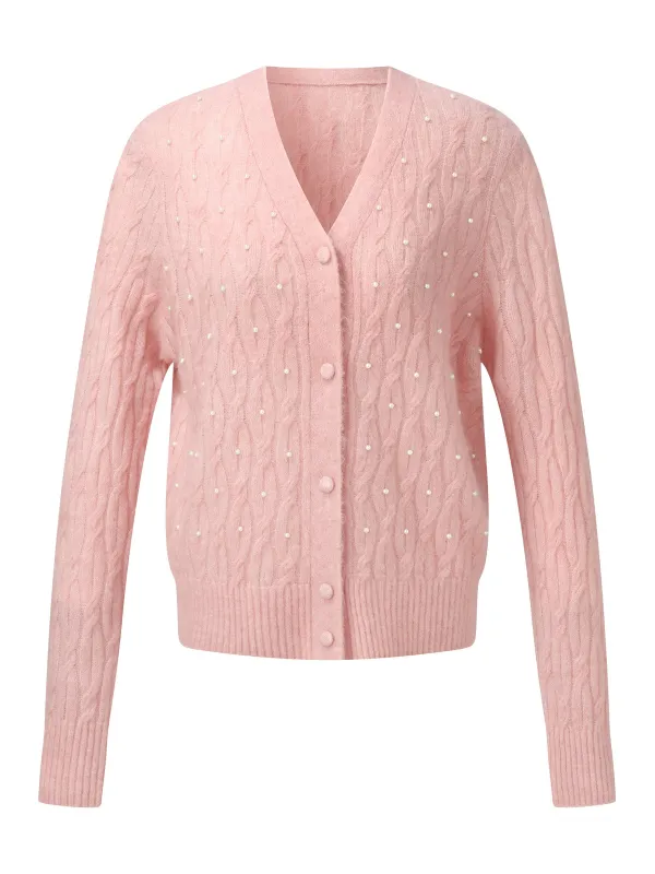 Mohair Wool Blend Beaded Women V-Neck Cardigan sold by Goelia