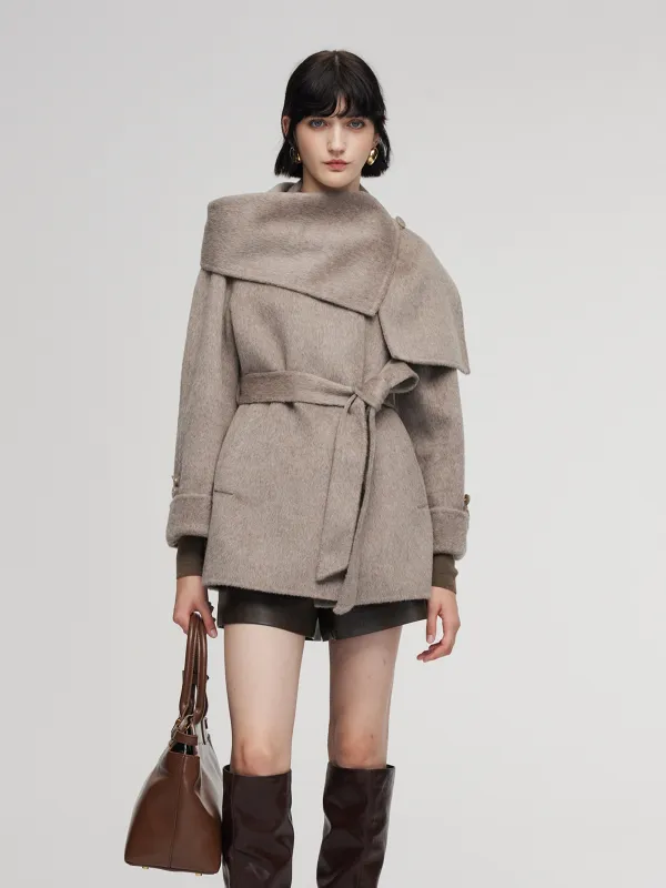 [Preview] Alpaca Wool Blend Double-Faced Women Belted Coat With Scarf sold by Goelia