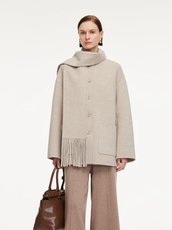 Cashmere Wool Blend Women Coat With Fringe Scarf sold by Goelia