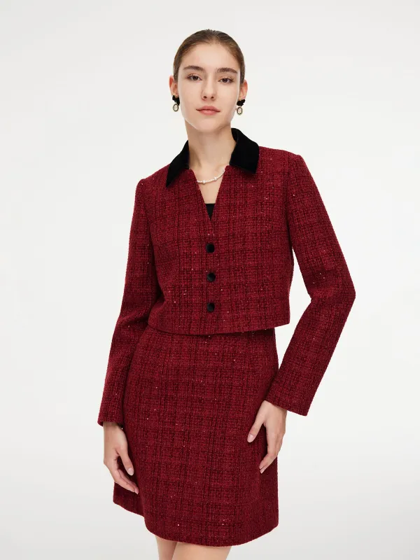 Wool Blend Tweed Sequins Jacket And Patchwork Mini Dress Two-Piece Set sold by Goelia