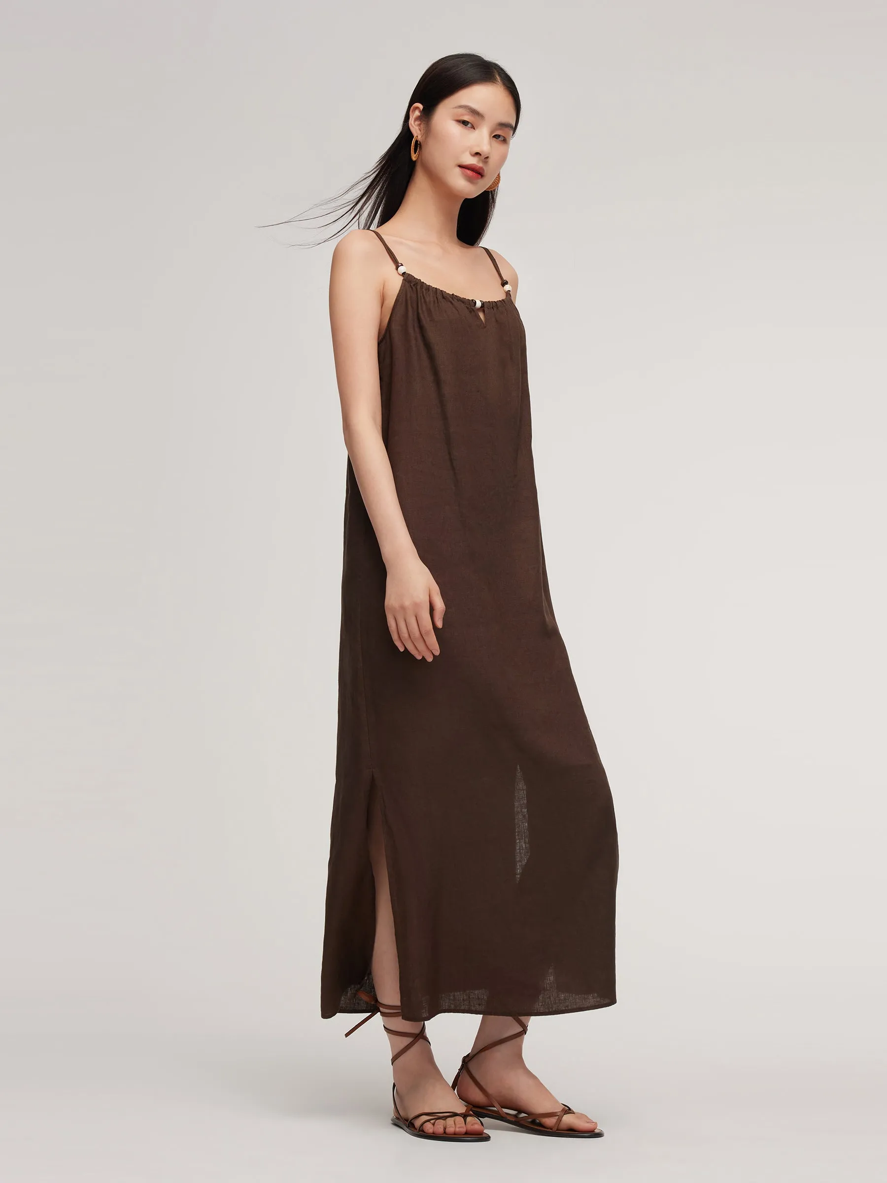 100% Linen Women Strap Maxi Dress With Tie String Belt sold by Goelia product image thumbnail 5