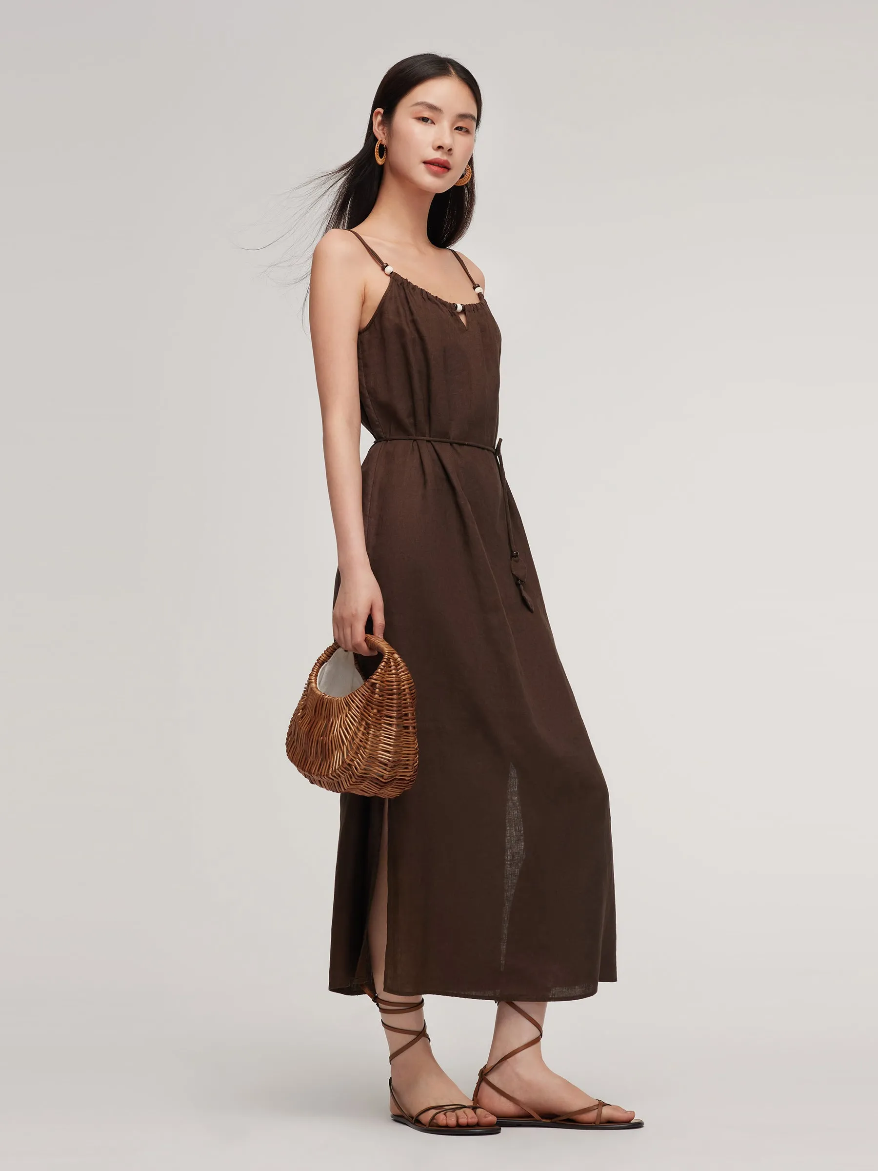 100% Linen Women Strap Maxi Dress With Tie String Belt sold by Goelia product image thumbnail 4
