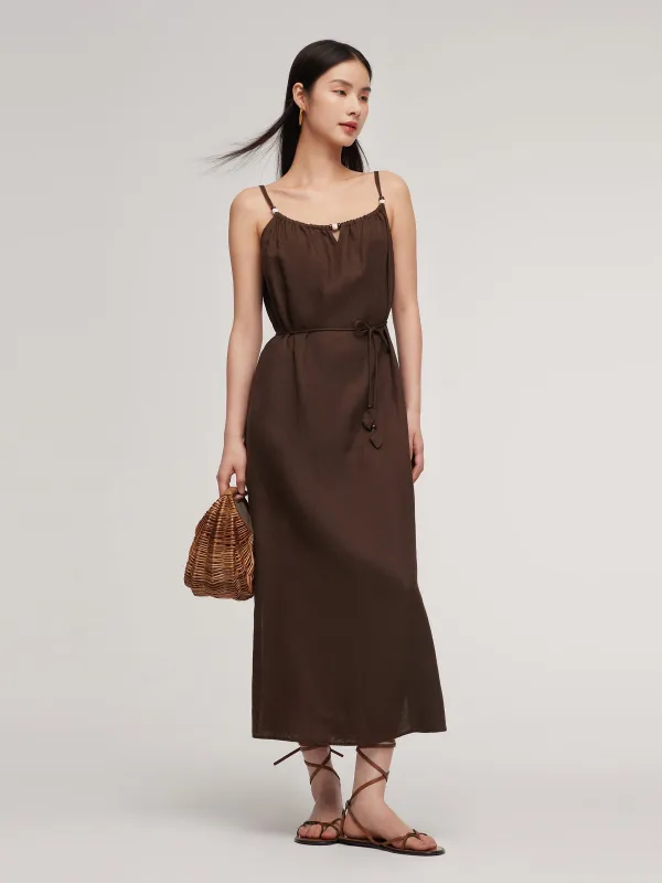 100% Linen Women Strap Maxi Dress With Tie String Belt sold by Goelia