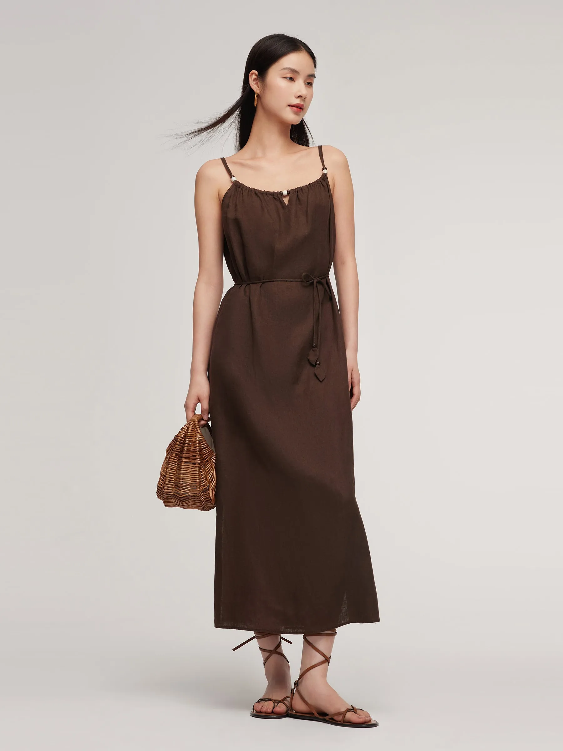 100% Linen Women Strap Maxi Dress With Tie String Belt sold by Goelia