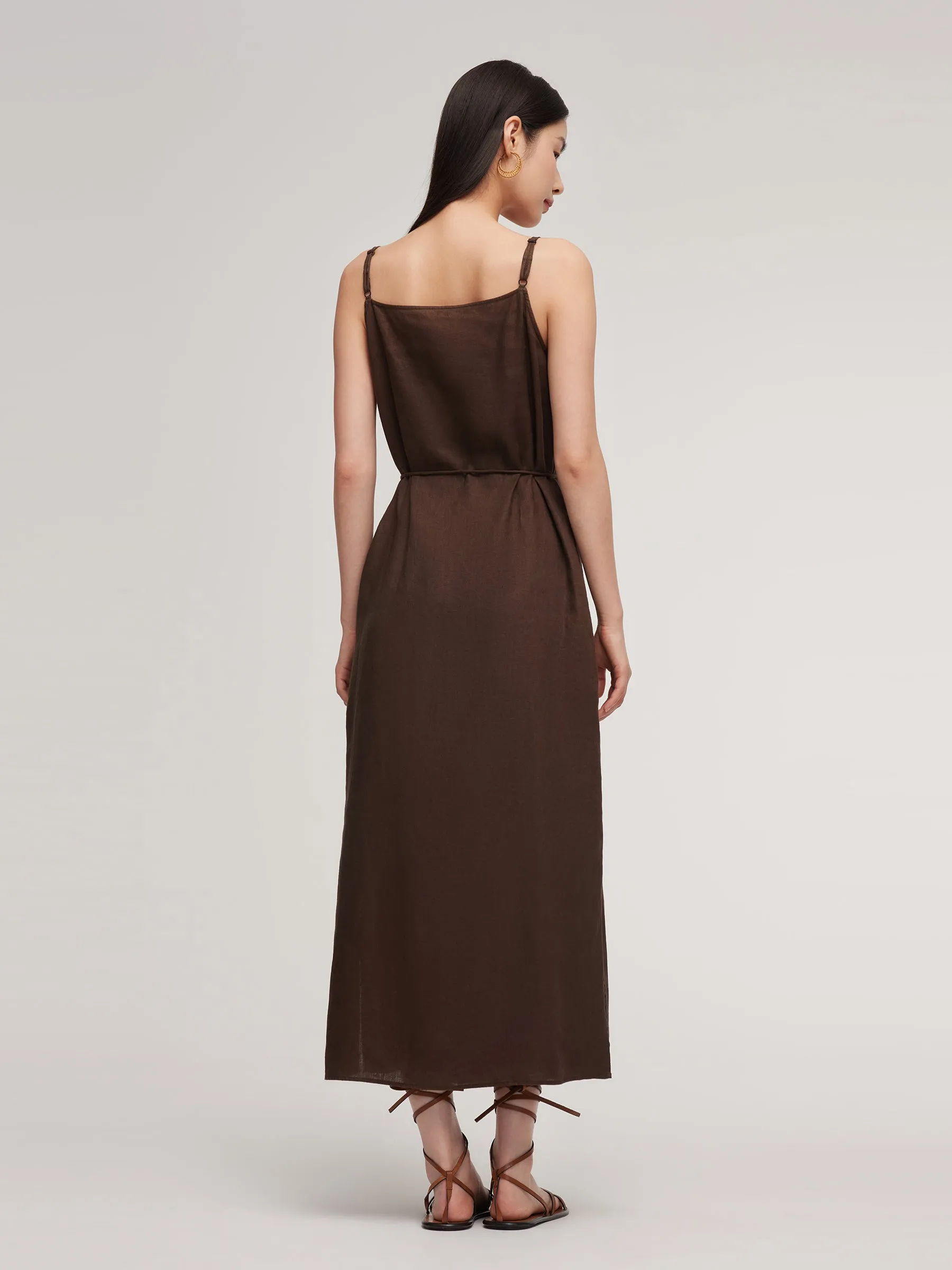 100% Linen Women Strap Maxi Dress With Tie String Belt sold by Goelia product image thumbnail 3