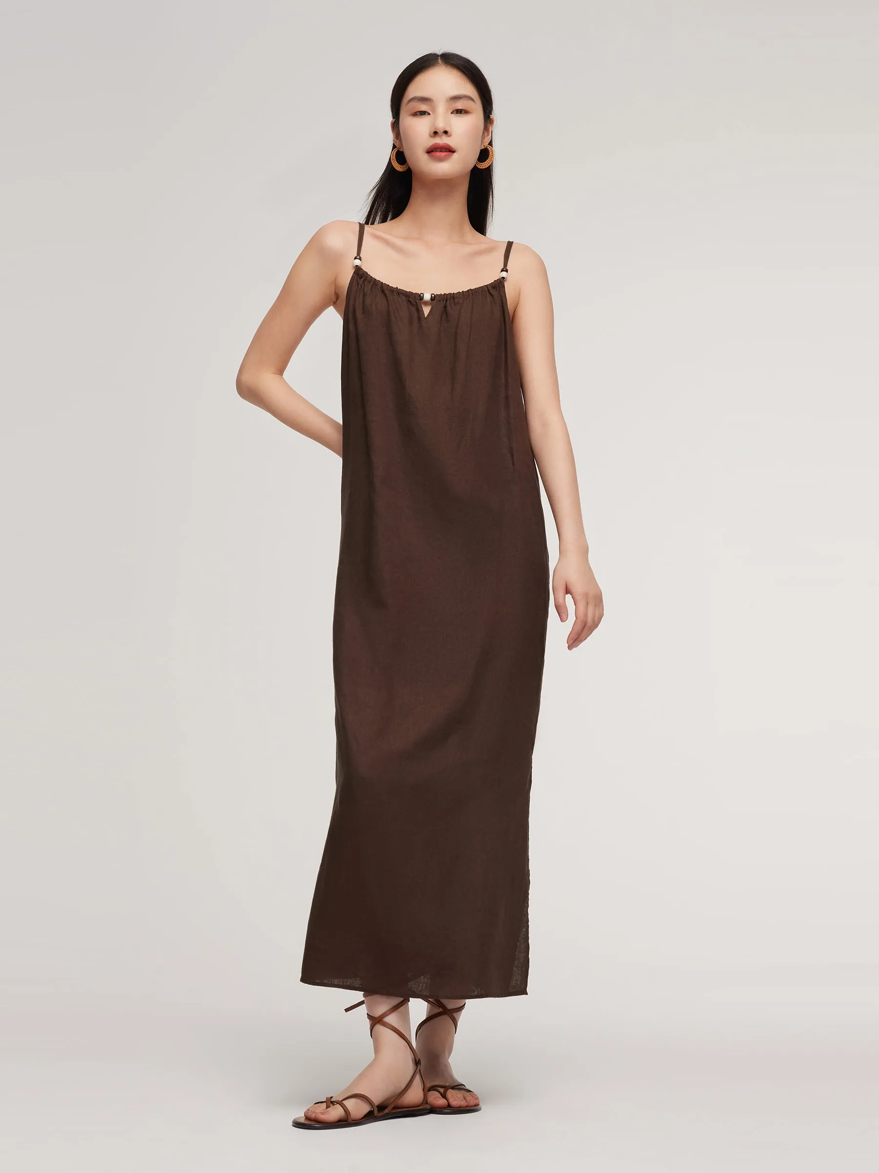 100% Linen Women Strap Maxi Dress With Tie String Belt sold by Goelia product image thumbnail 2
