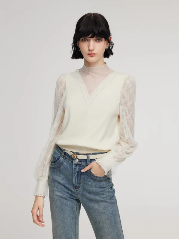 Tencel Wool Blend Lace Patchwork Women Knit Top sold by Goelia