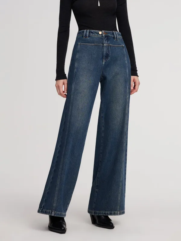 100% Cotton Brushed Denim Straight Wide Leg Women Jeans sold by Goelia