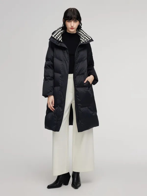 Patchwork Knit Collar Hooded Long Goose Down Coat sold by Goelia