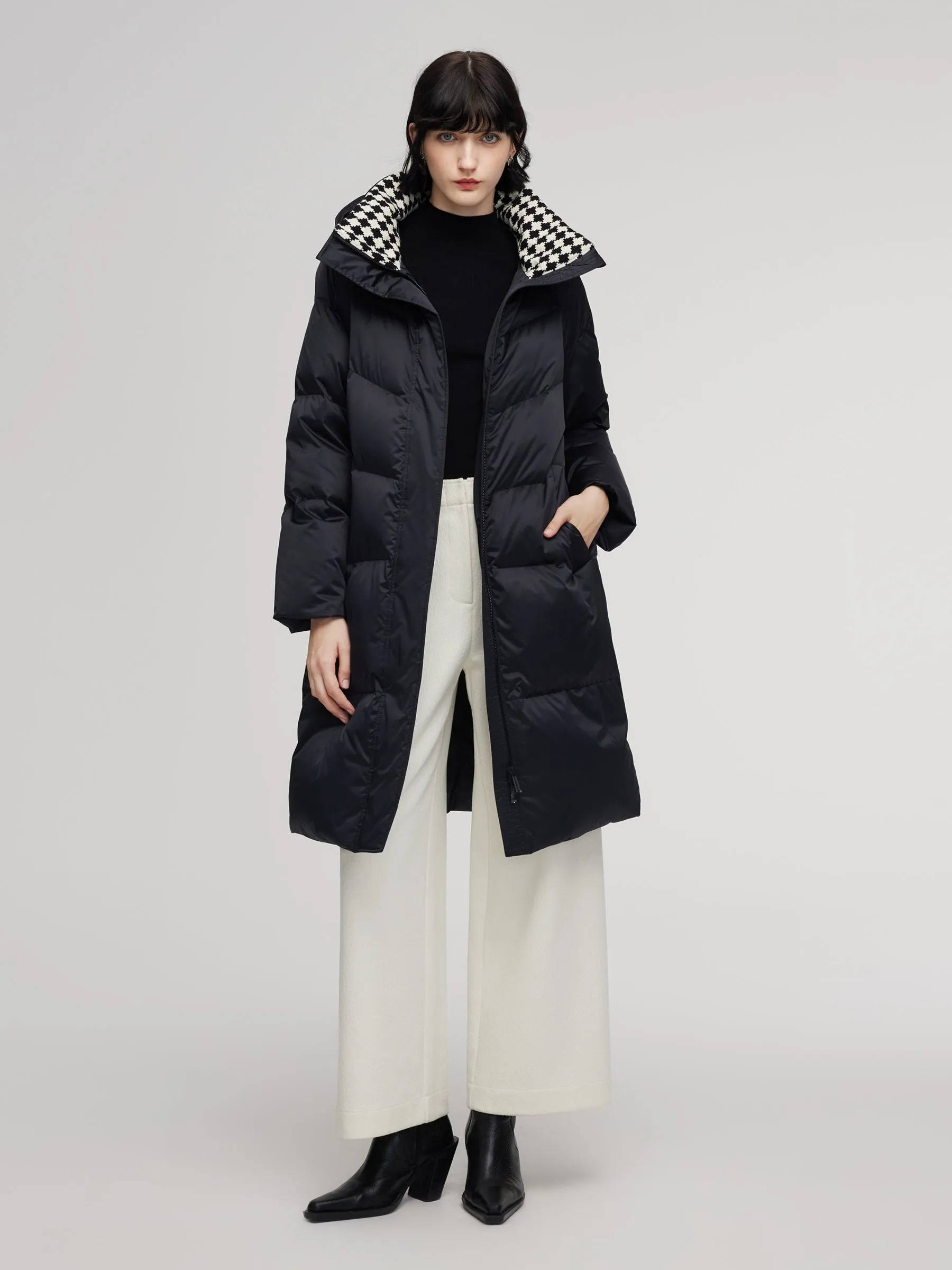 Patchwork Knit Collar Hooded Long Goose Down Coat sold by Goelia