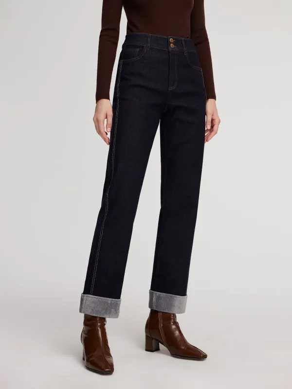 Denim High-Waisted Fleece Lined Women Folded Jeans made by Goelia