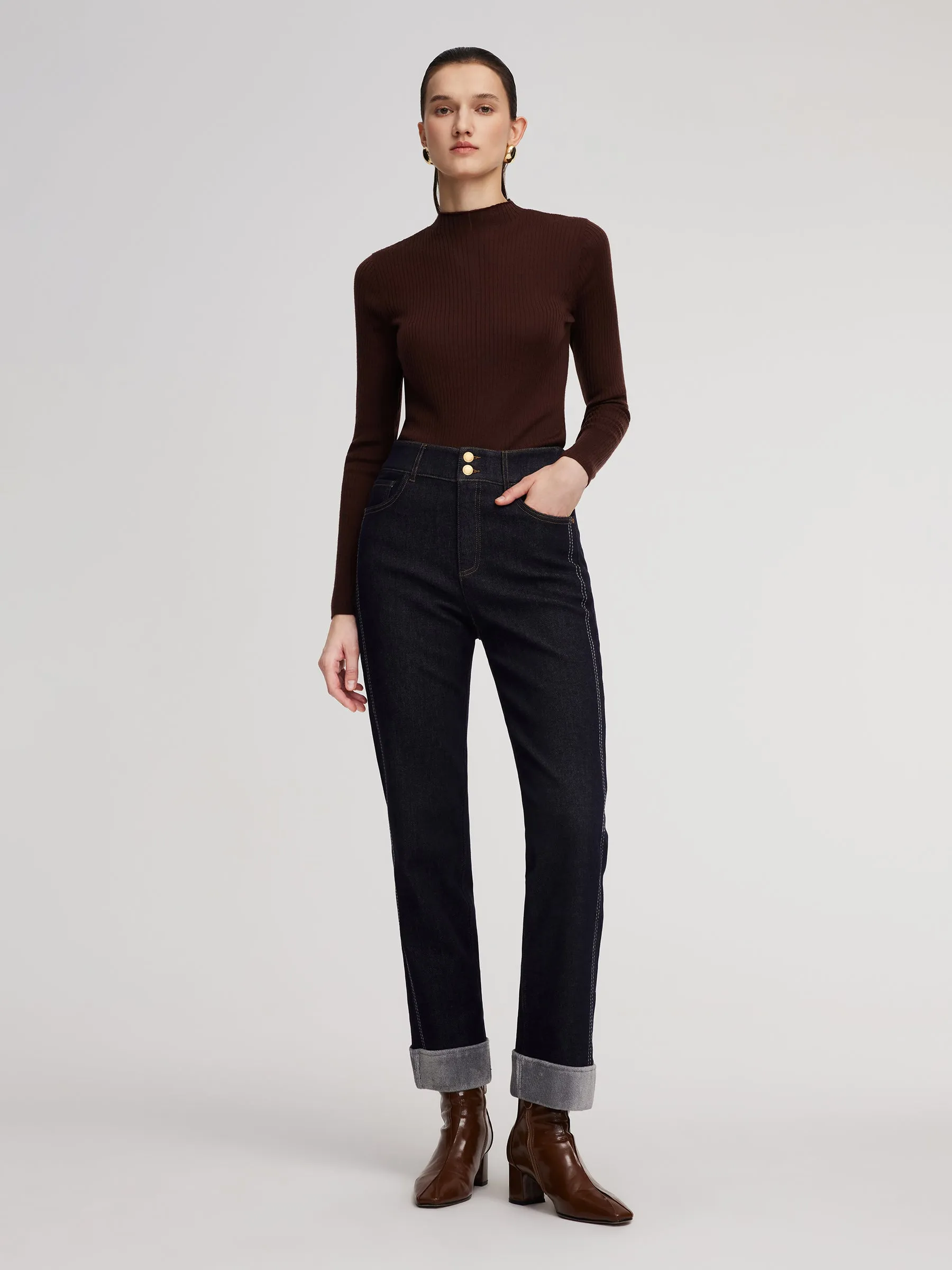 Denim High-Waisted Fleece Lined Women Folded Jeans sold by Goelia product image thumbnail 3