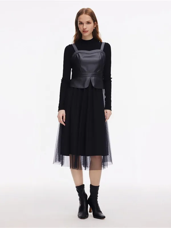 PU Leather Bustier Top & Knit Top & Mesh Skirt Three-Piece Set sold by Goelia