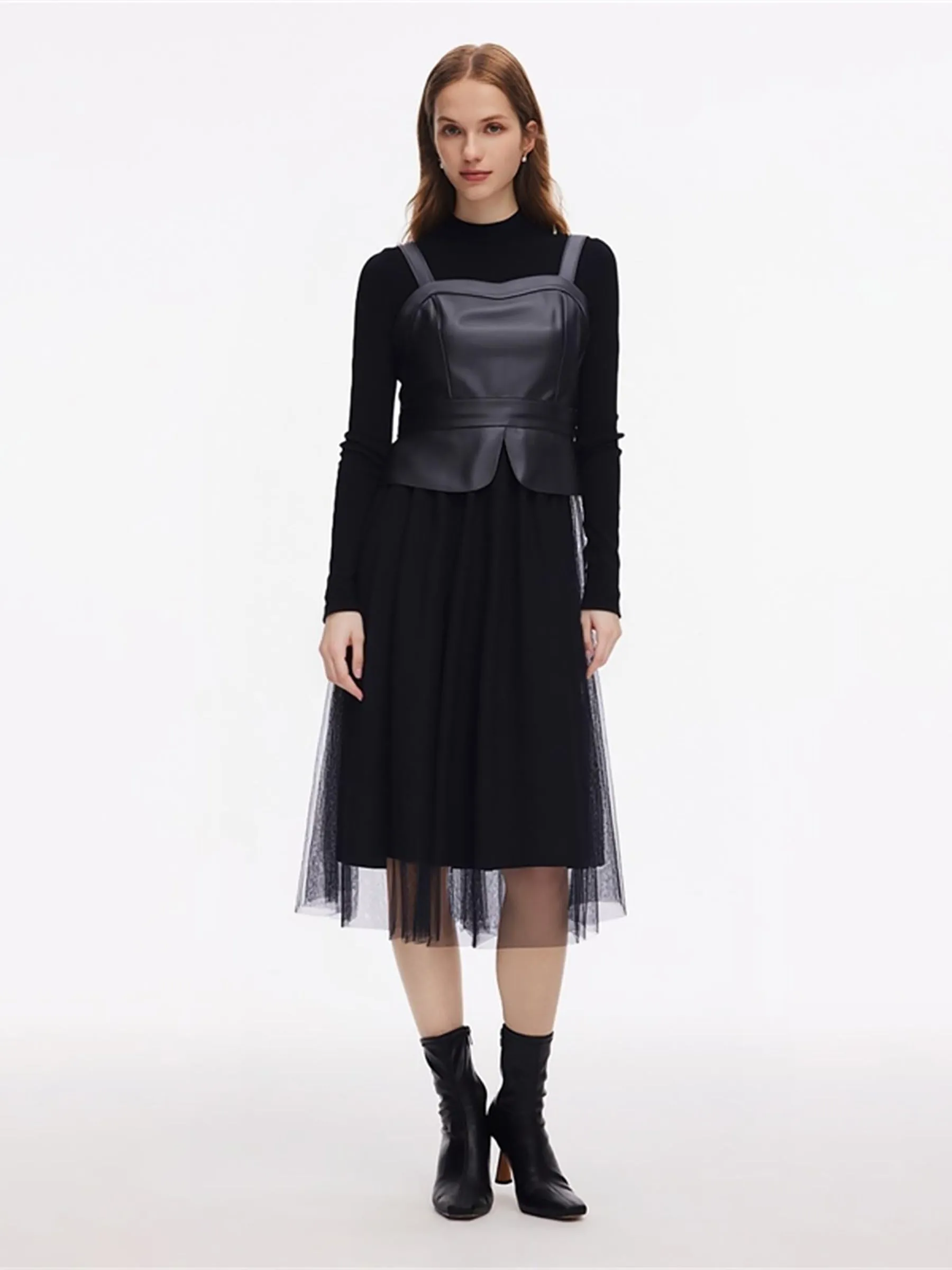 PU Leather Bustier Top & Knit Top & Mesh Skirt Three-Piece Set sold by Goelia