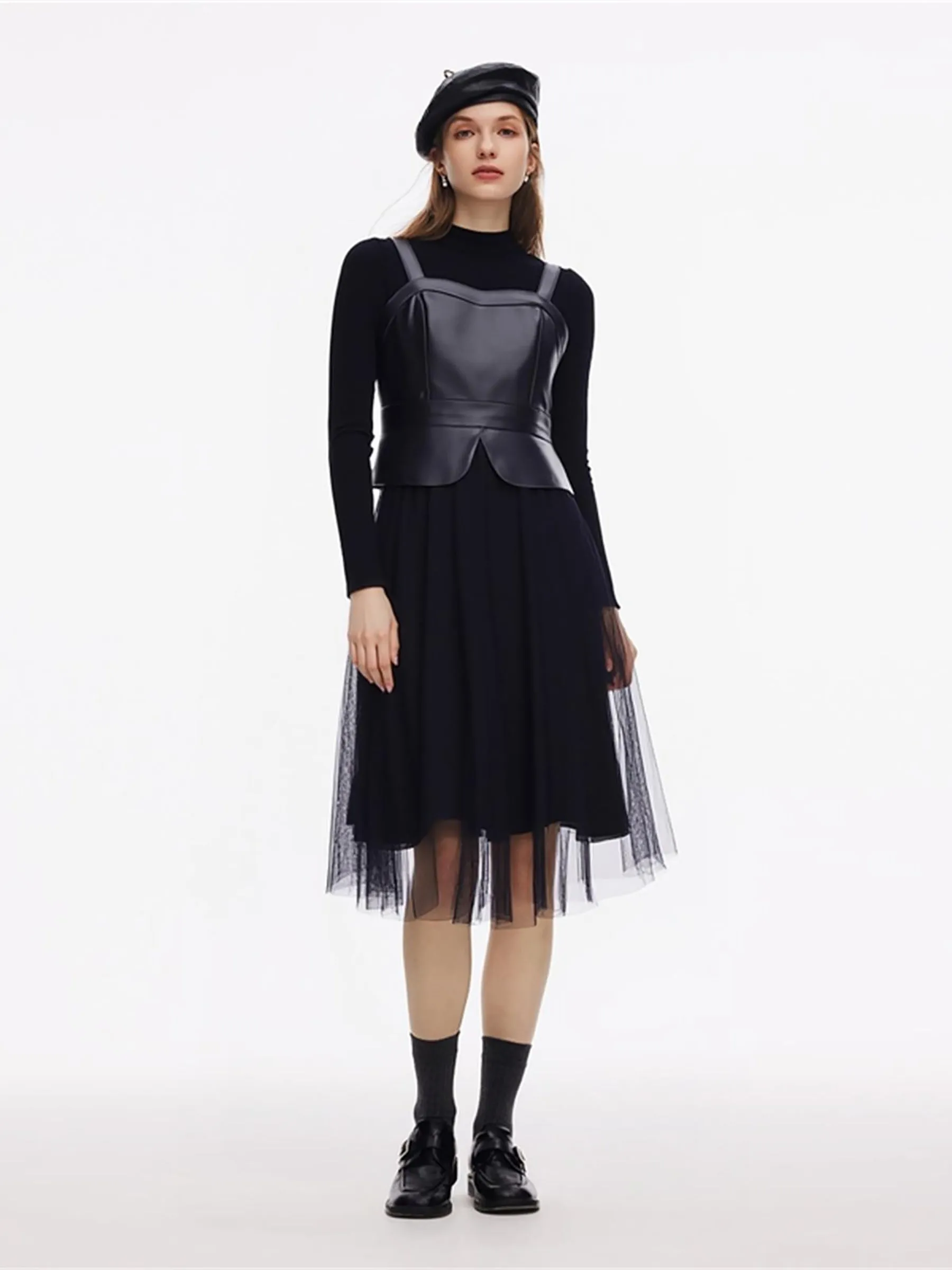 PU Leather Bustier Top & Knit Top & Mesh Skirt Three-Piece Set sold by Goelia product image thumbnail 4