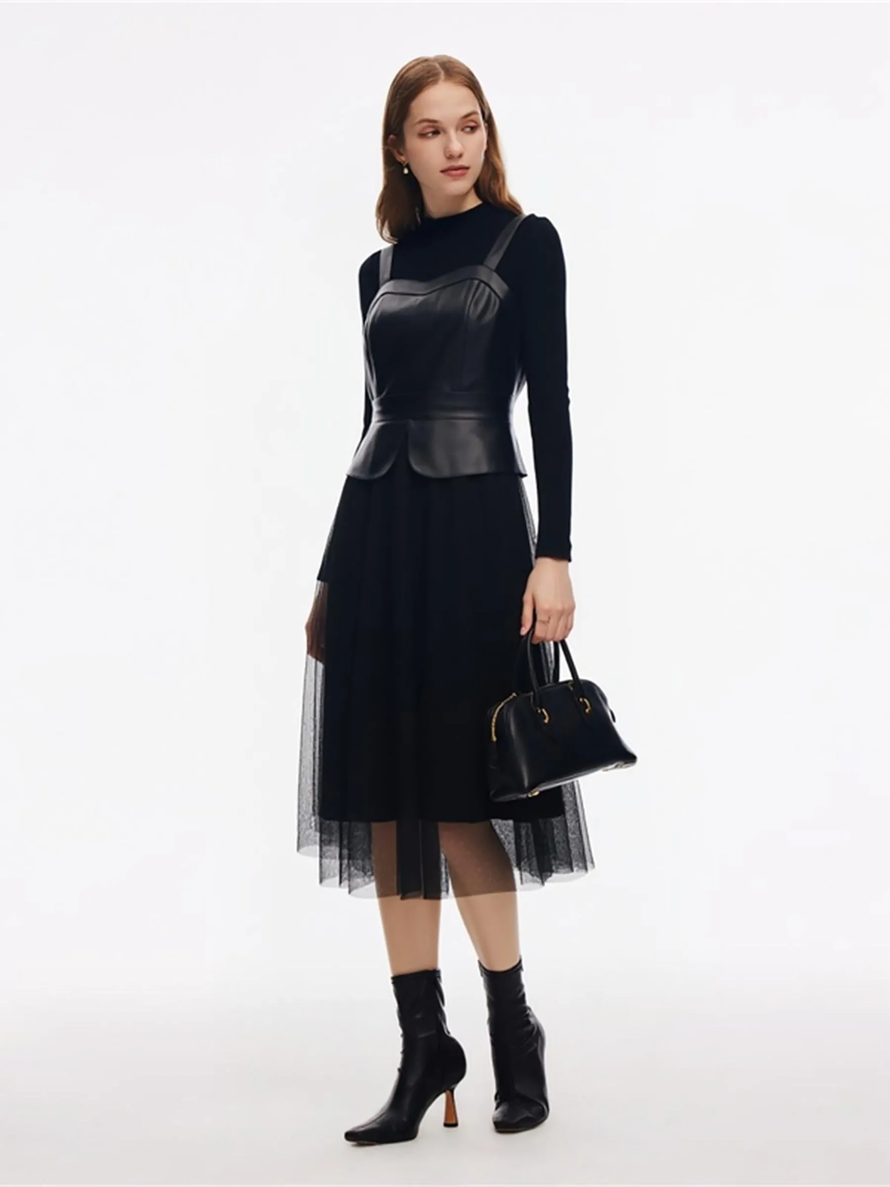 PU Leather Bustier Top & Knit Top & Mesh Skirt Three-Piece Set sold by Goelia product image thumbnail 3