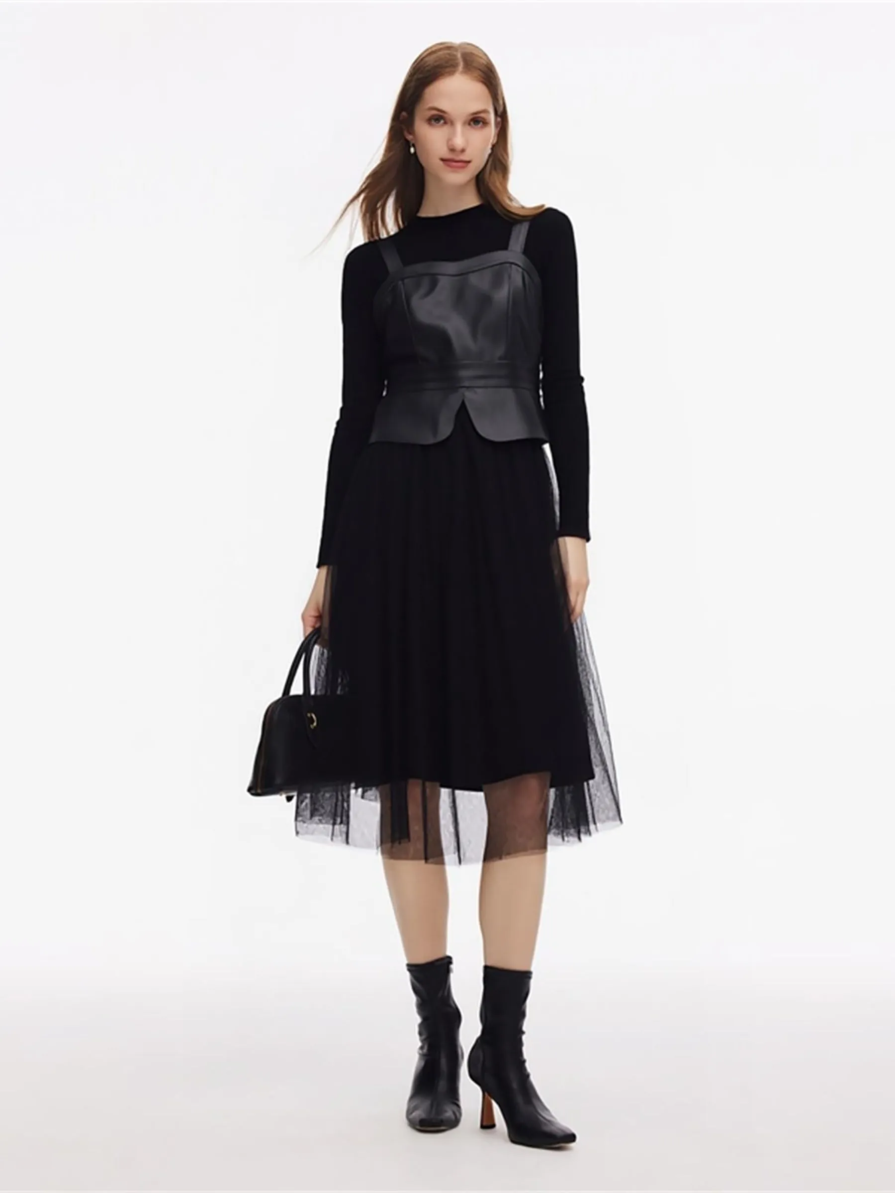 PU Leather Bustier Top & Knit Top & Mesh Skirt Three-Piece Set sold by Goelia product image thumbnail 2