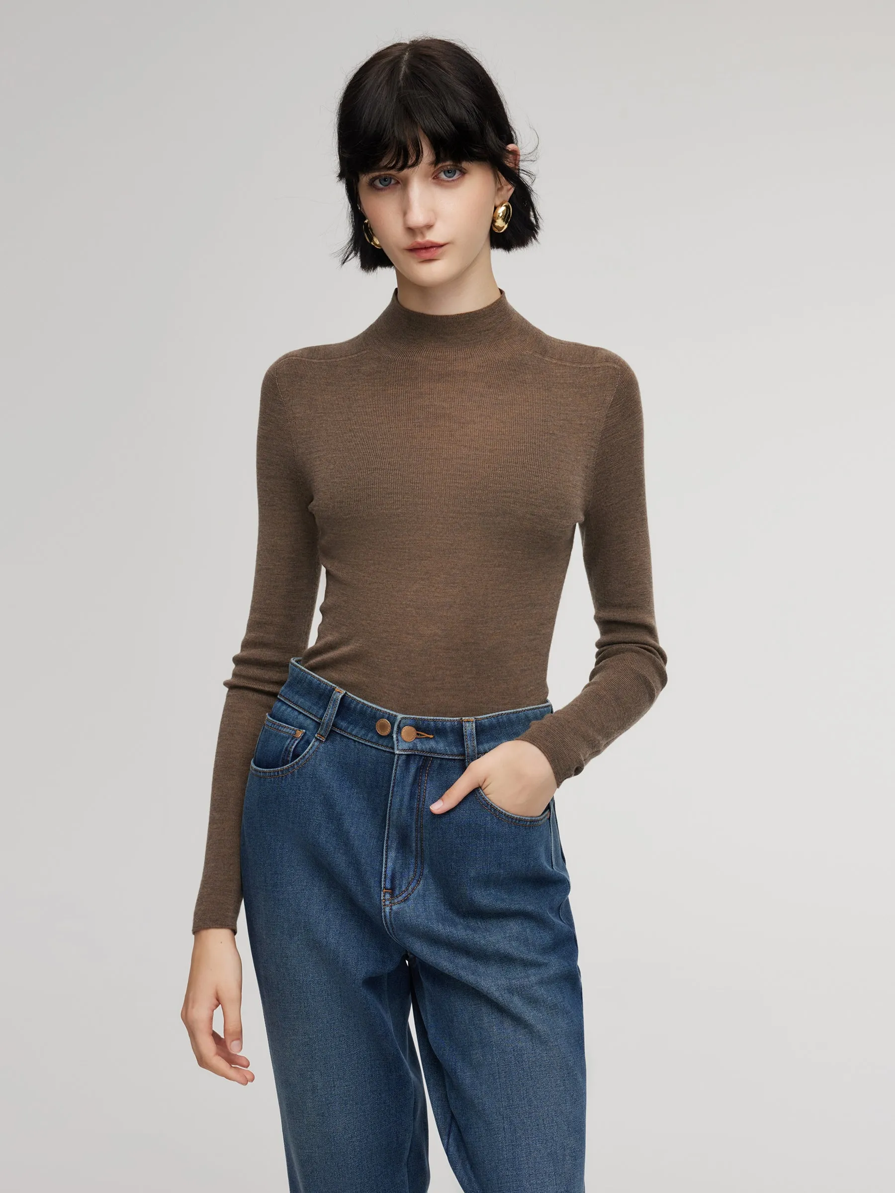 100% Wool Seamless Mock Neck Women Knit Top sold by Goelia