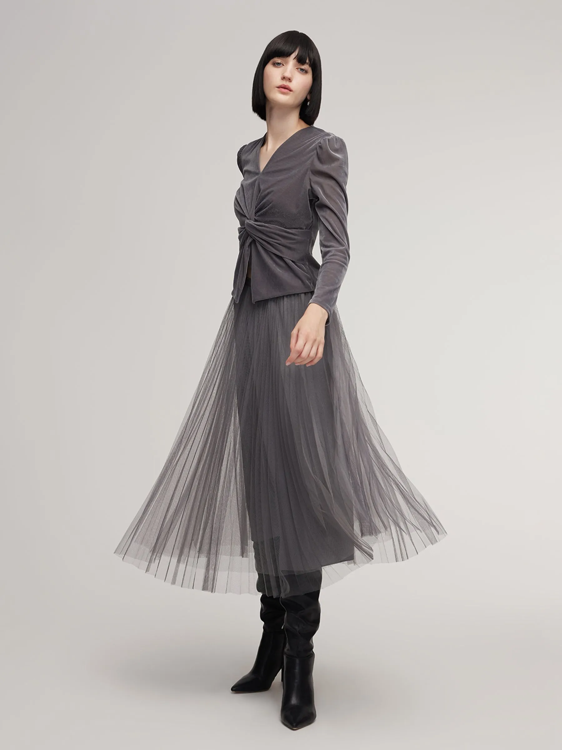 Velvet Twist Front V-Neck Top And Mesh Skirt Two-Piece Set sold by Goelia product image thumbnail 2