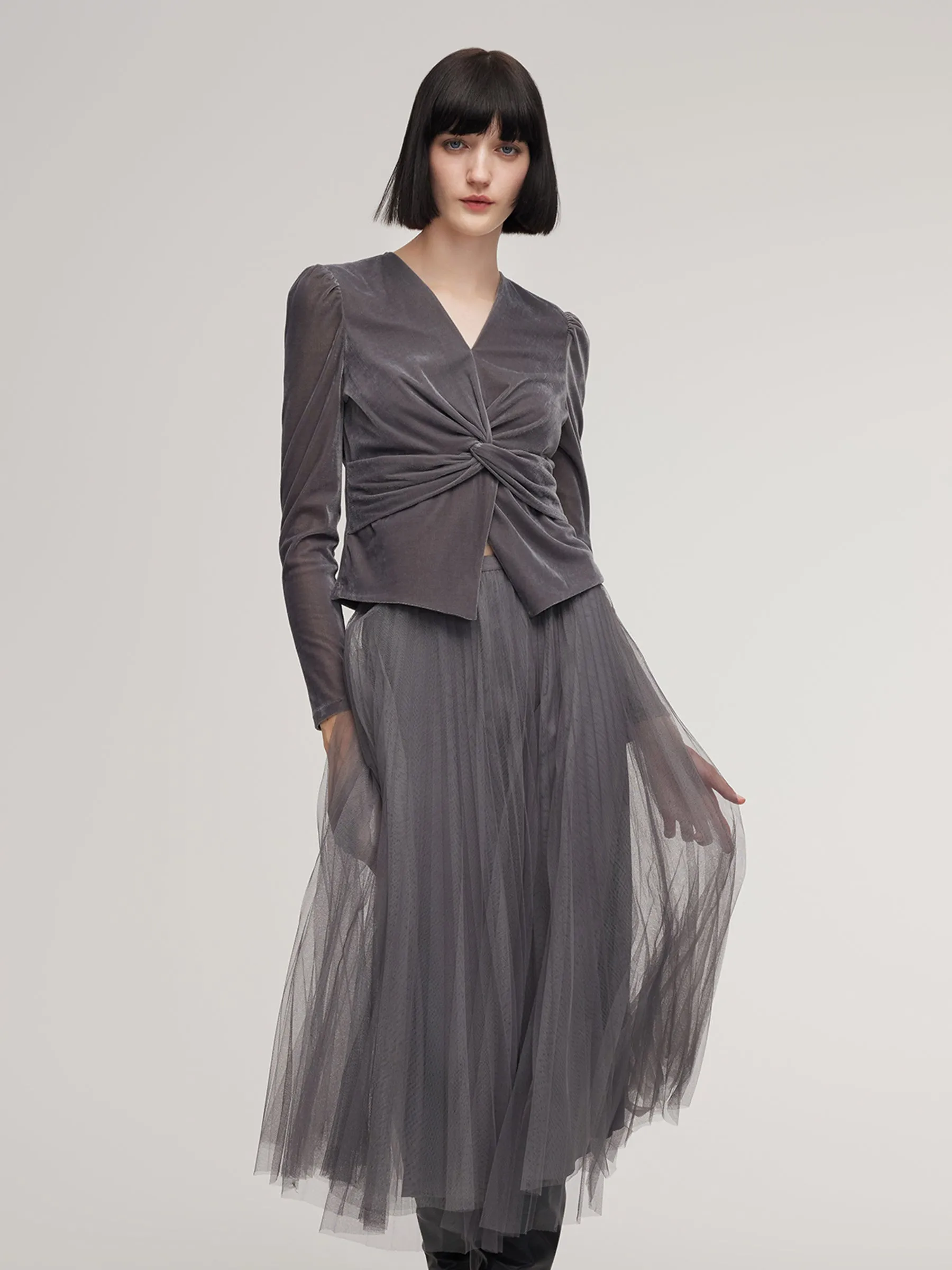 Velvet Twist Front V-Neck Top And Mesh Skirt Two-Piece Set sold by Goelia product image thumbnail 3