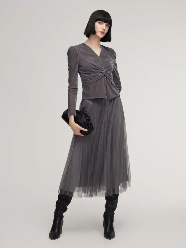 Velvet Twist Front V-Neck Top And Mesh Skirt Two-Piece Set sold by Goelia