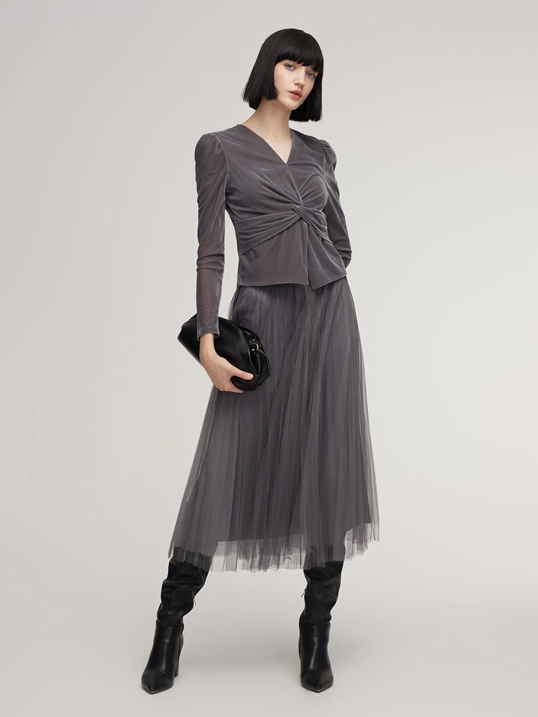 Velvet Twist Front V-Neck Top And Mesh Skirt Two-Piece Set sold by Goelia