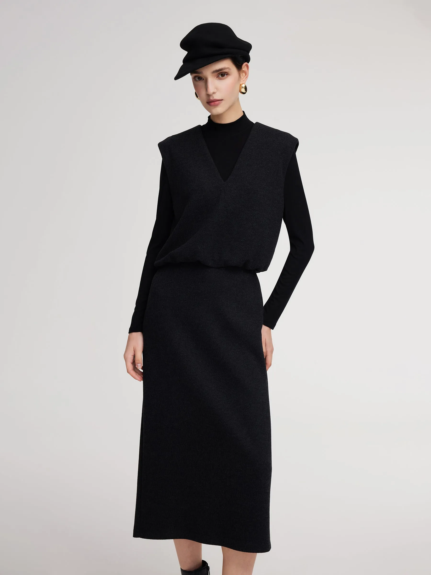 Knit Vest & Mock Neck Top & Skirt Three-Piece Set sold by Goelia