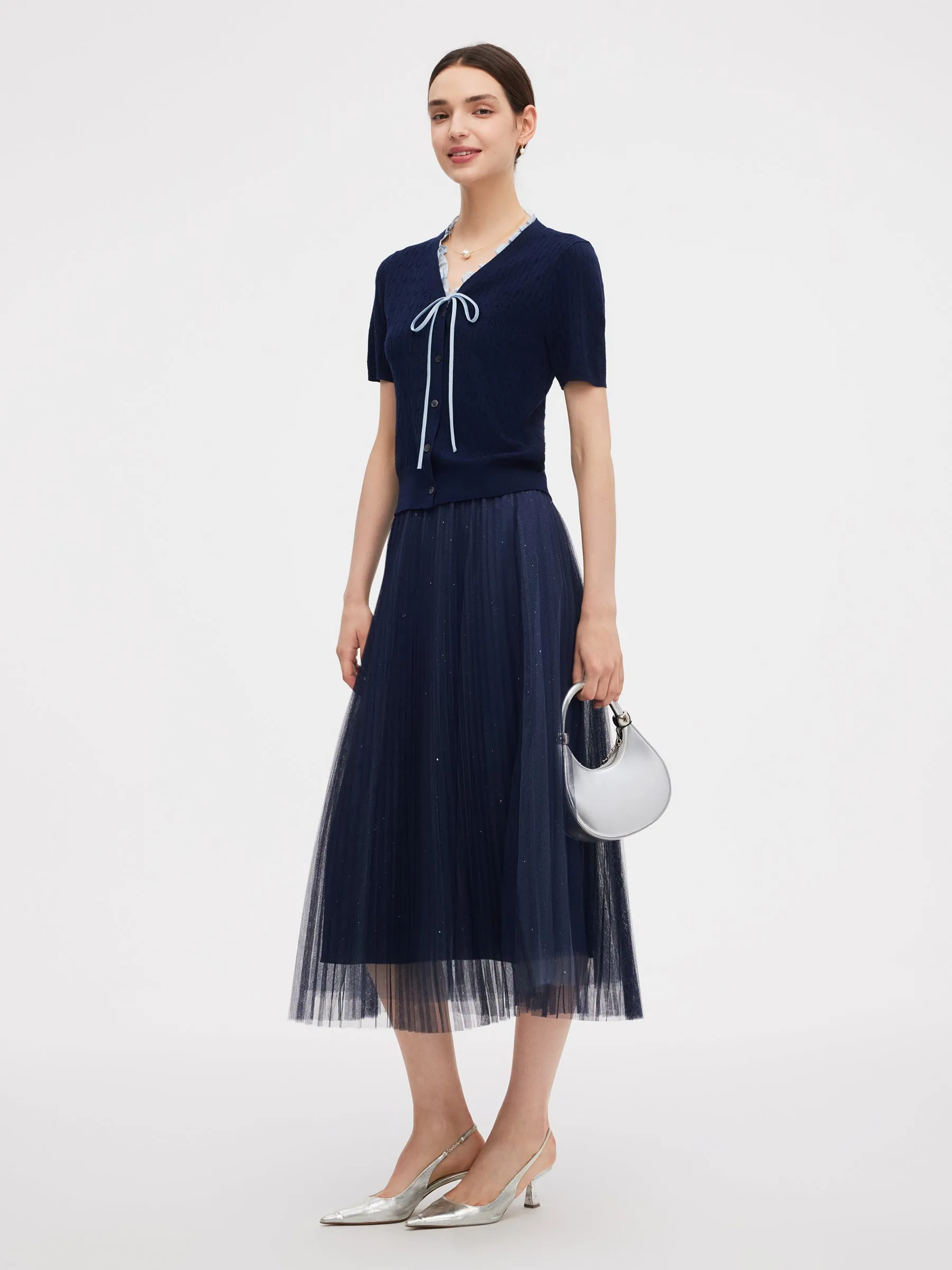 Ruffle V-Neck Knit Top And Pleated Mesh Skirt Two-Piece Set sold by Goelia product image thumbnail 2