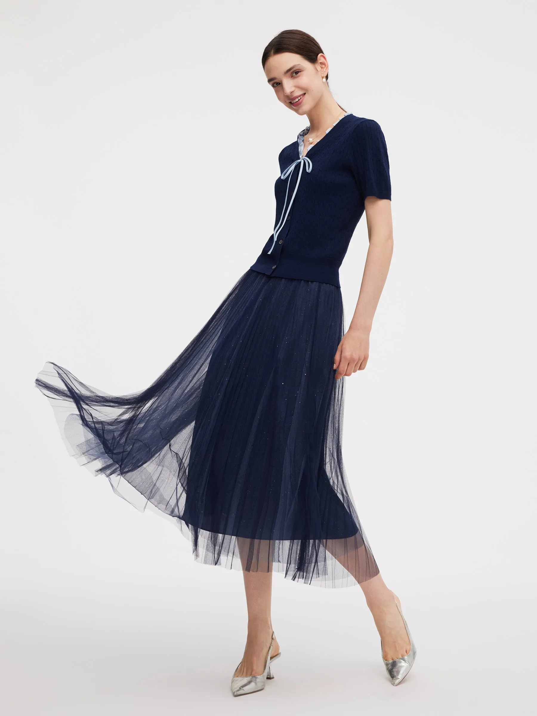 Ruffle V-Neck Knit Top And Pleated Mesh Skirt Two-Piece Set sold by Goelia product image thumbnail 4