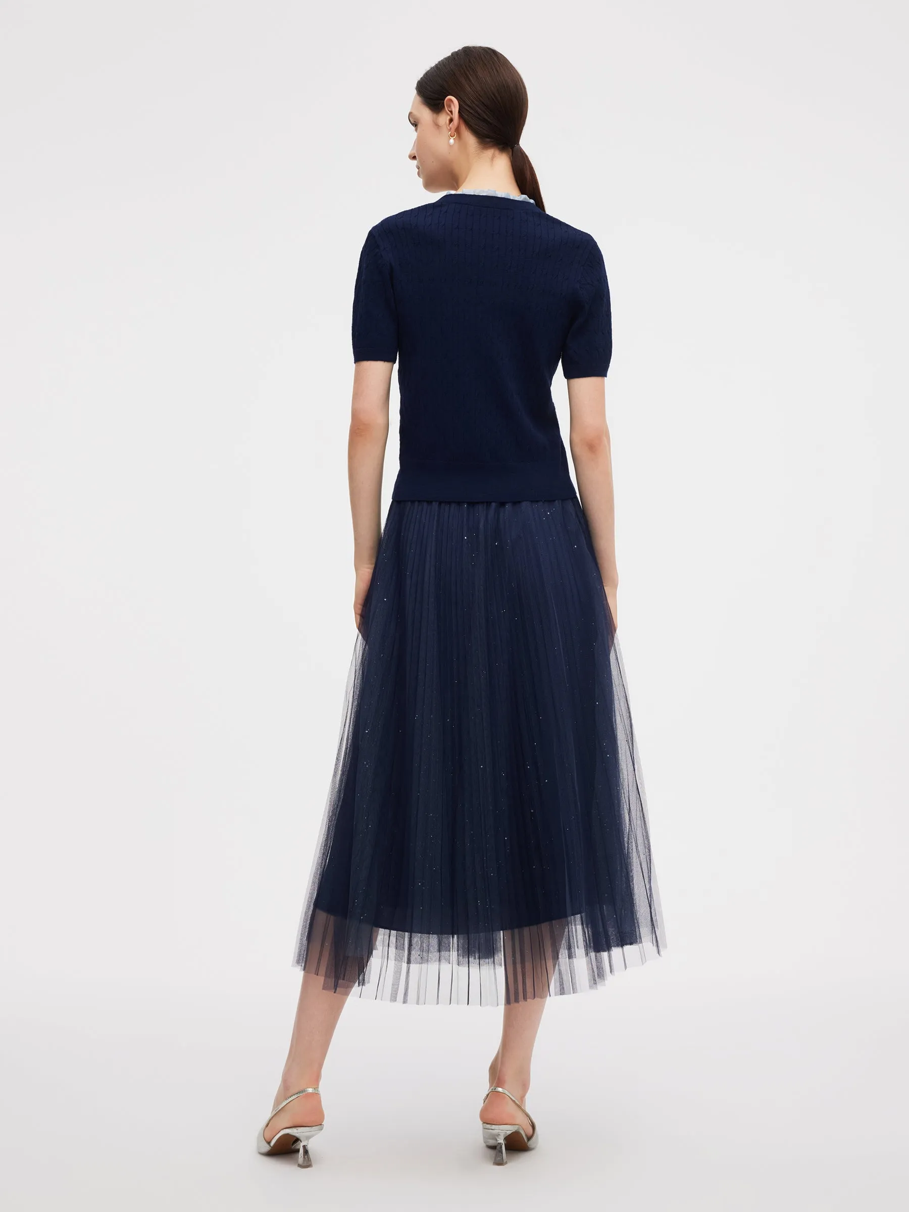 Ruffle V-Neck Knit Top And Pleated Mesh Skirt Two-Piece Set sold by Goelia product image thumbnail 3
