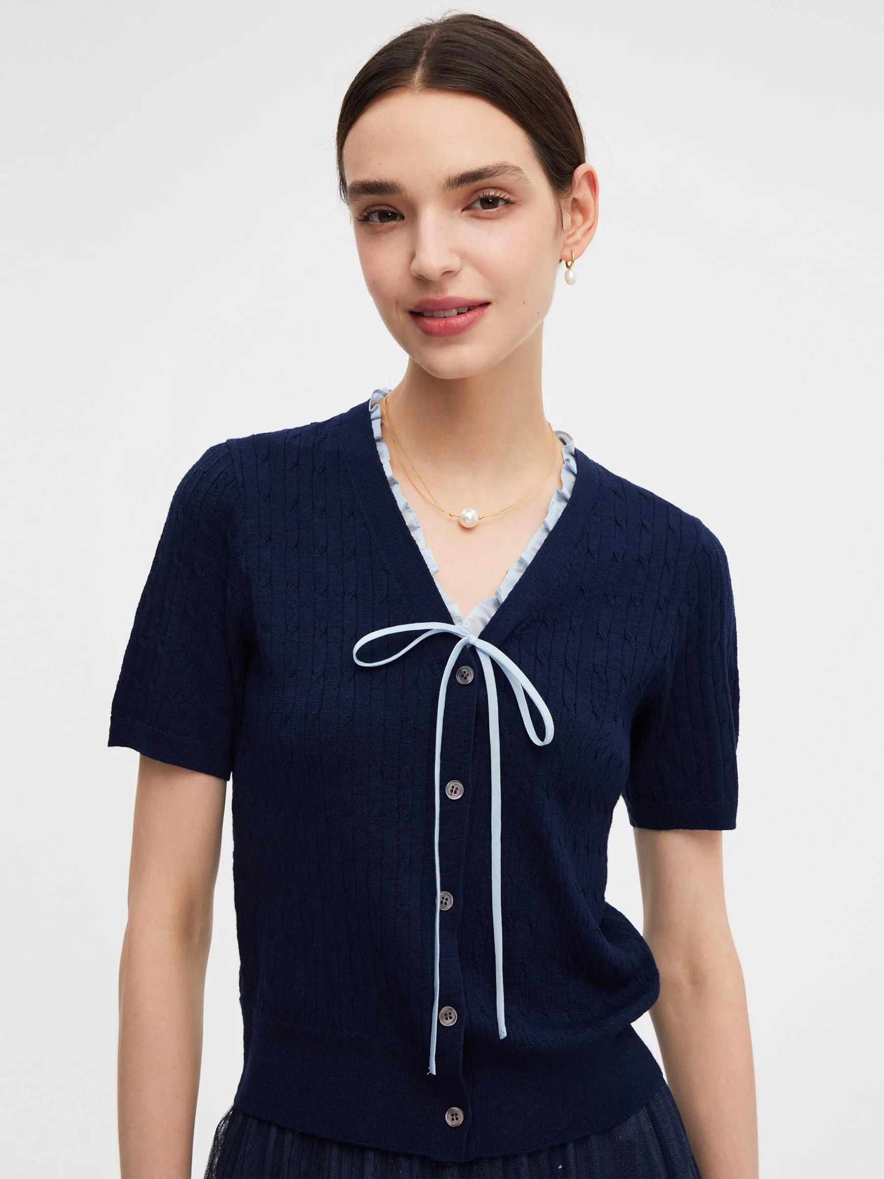 Ruffle V-Neck Knit Top And Pleated Mesh Skirt Two-Piece Set sold by Goelia product image thumbnail 5