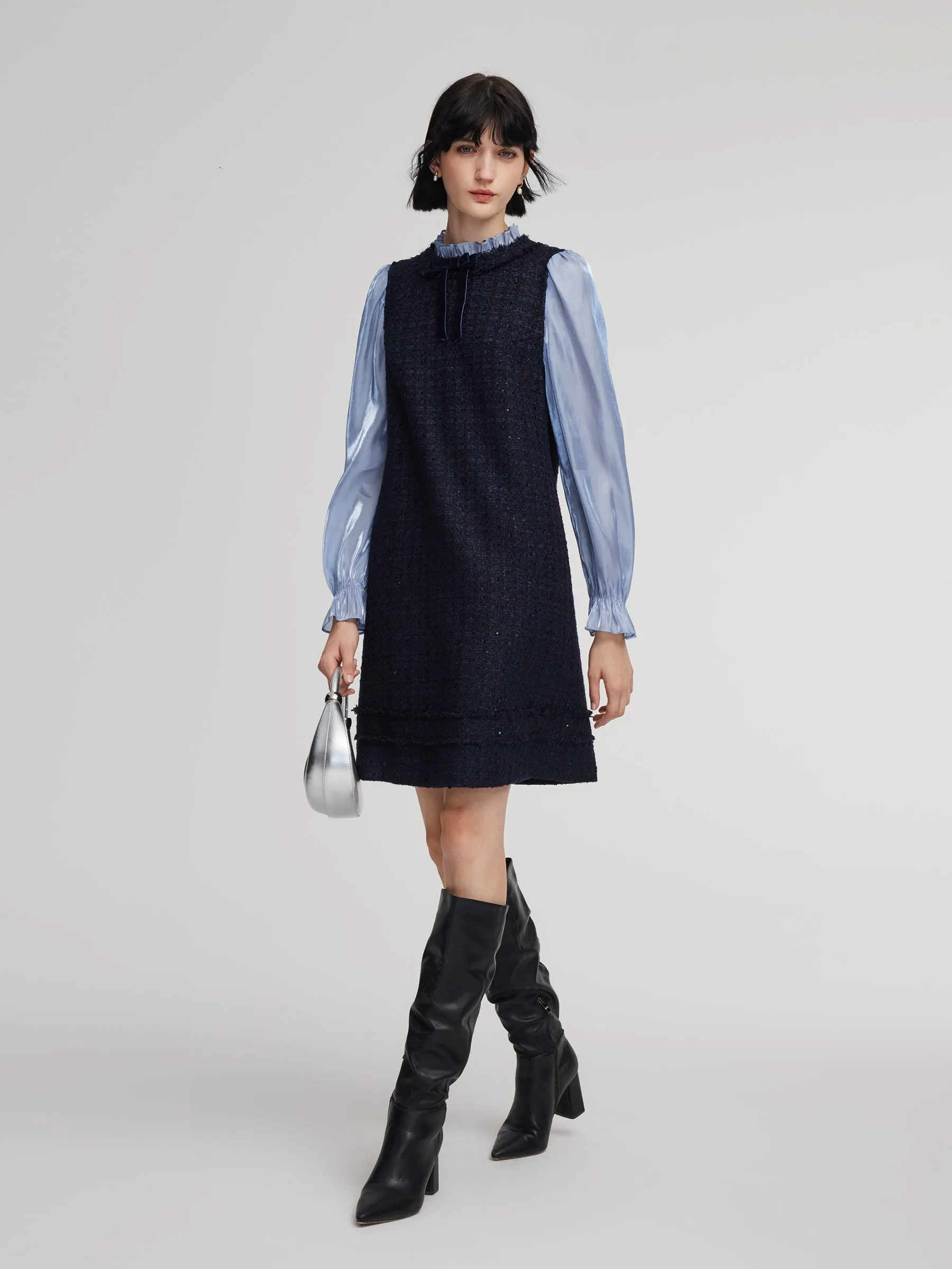 Wool Blend Tweed Sequins Faux Two-Piece Women Mini Dress sold by Goelia product image thumbnail 4