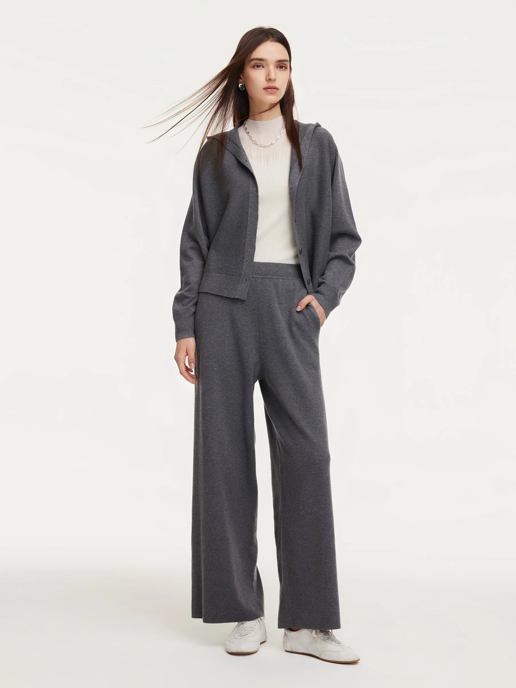 Hooded Zip-Up Cardigan And Knit Pants Two-Piece Set sold by Goelia