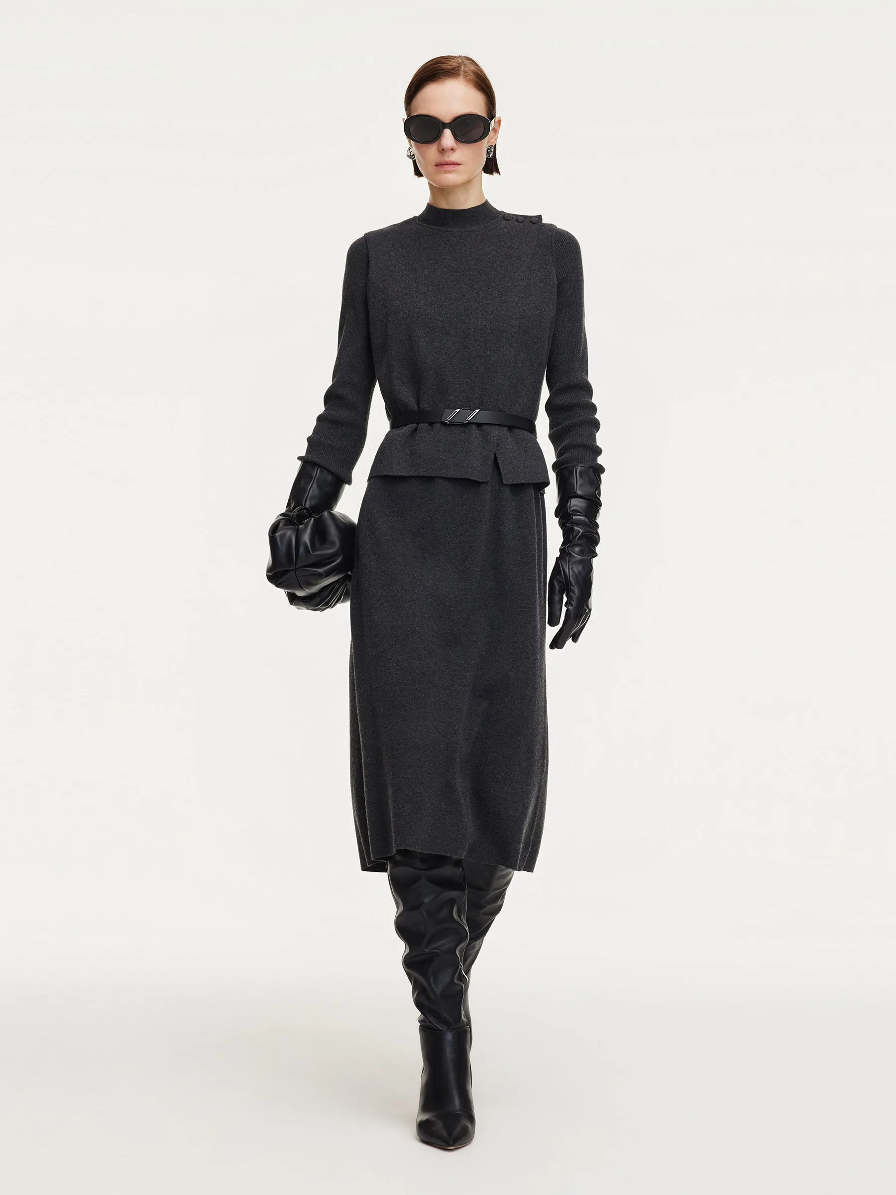 Asymmetrical Knit Vest And Dress Two-Piece Set With Belt sold by Goelia