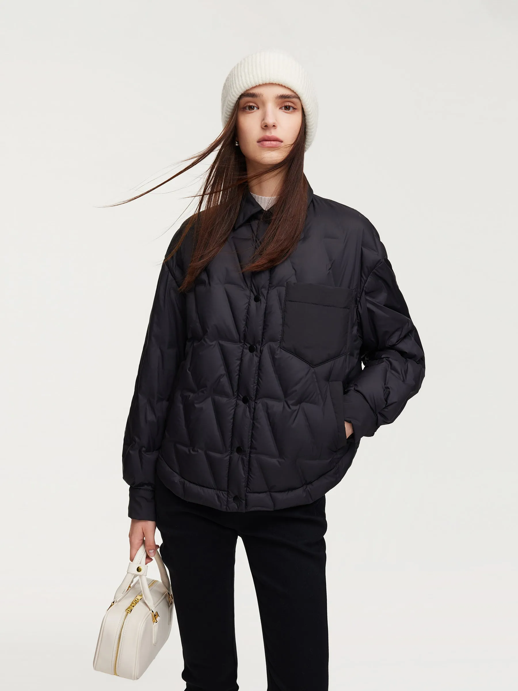Drawstring Hem Shirt Collar Goose Down Jacket sold by Goelia