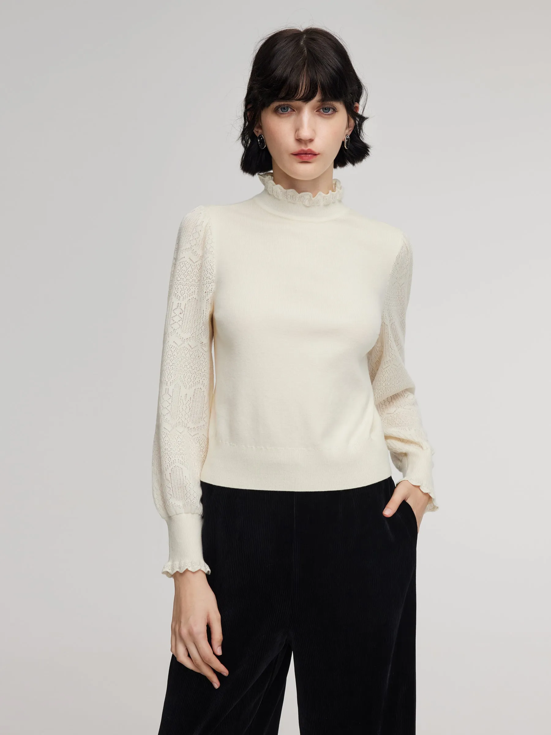 Tencel Wool Blend Ruffle Neck Women Sweater sold by Goelia