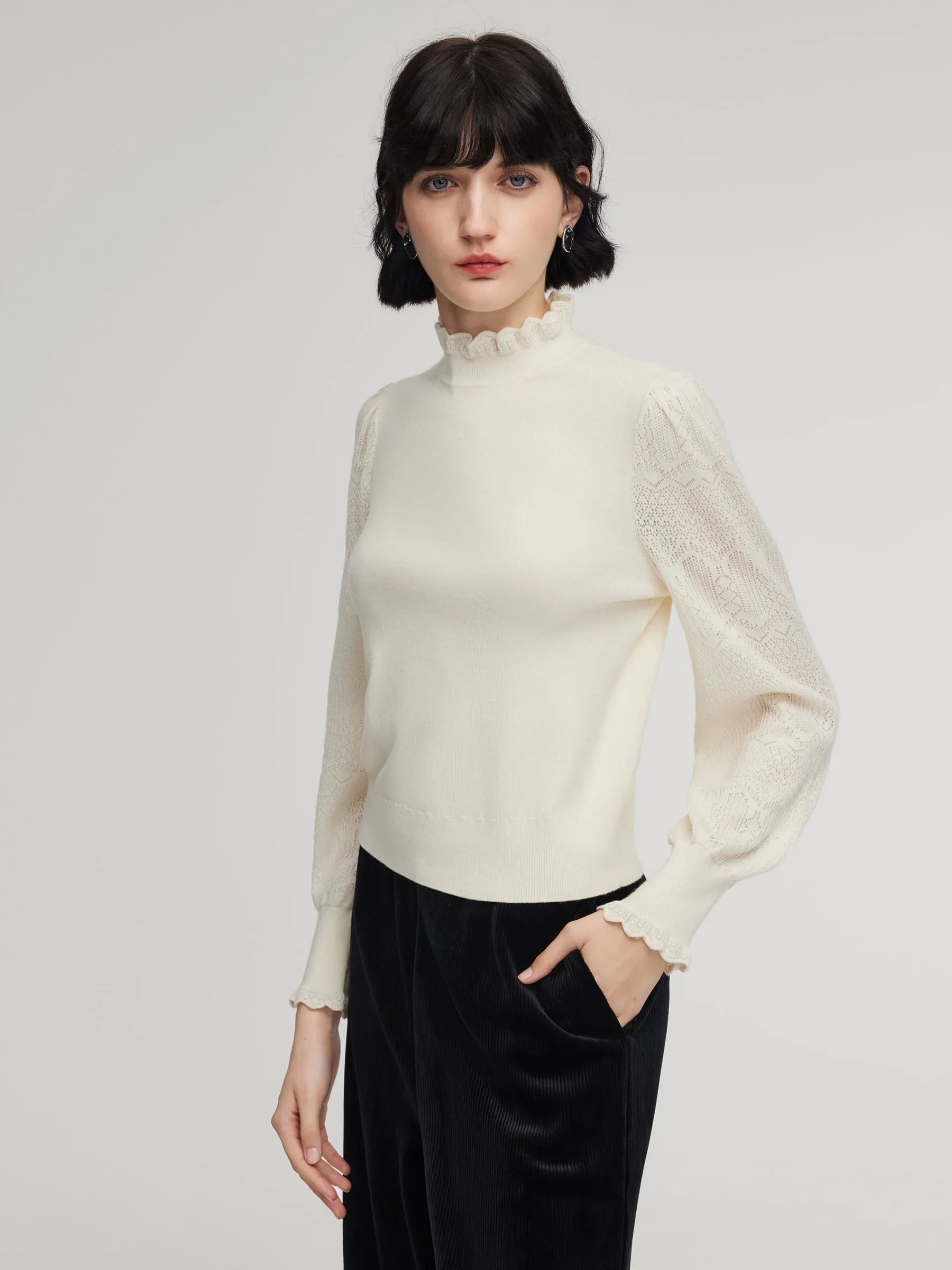 Tencel Wool Blend Ruffle Neck Women Sweater sold by Goelia product image thumbnail 2