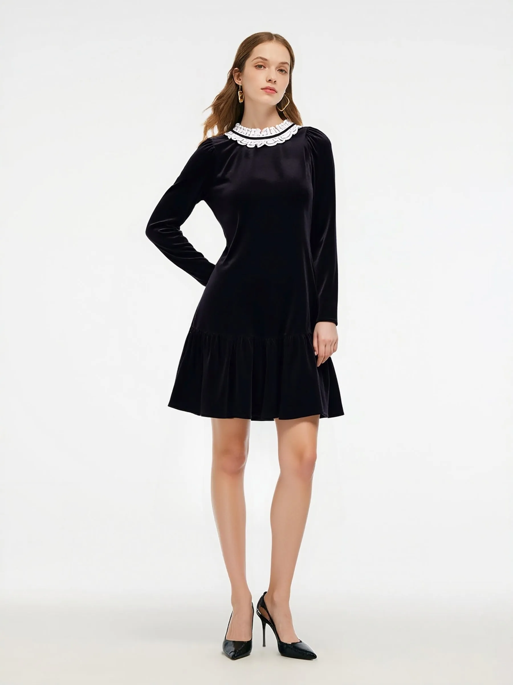 Velvet Ruffle Round Neck Women Mini Dress sold by Goelia