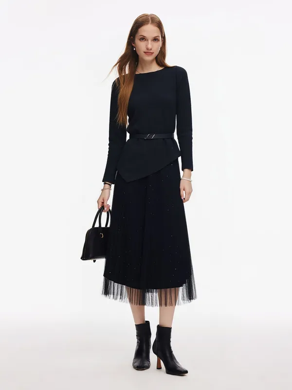 [Preview] Asymmetrical Hem Top And Mesh Skirt Two-Piece Set With Belt sold by Goelia