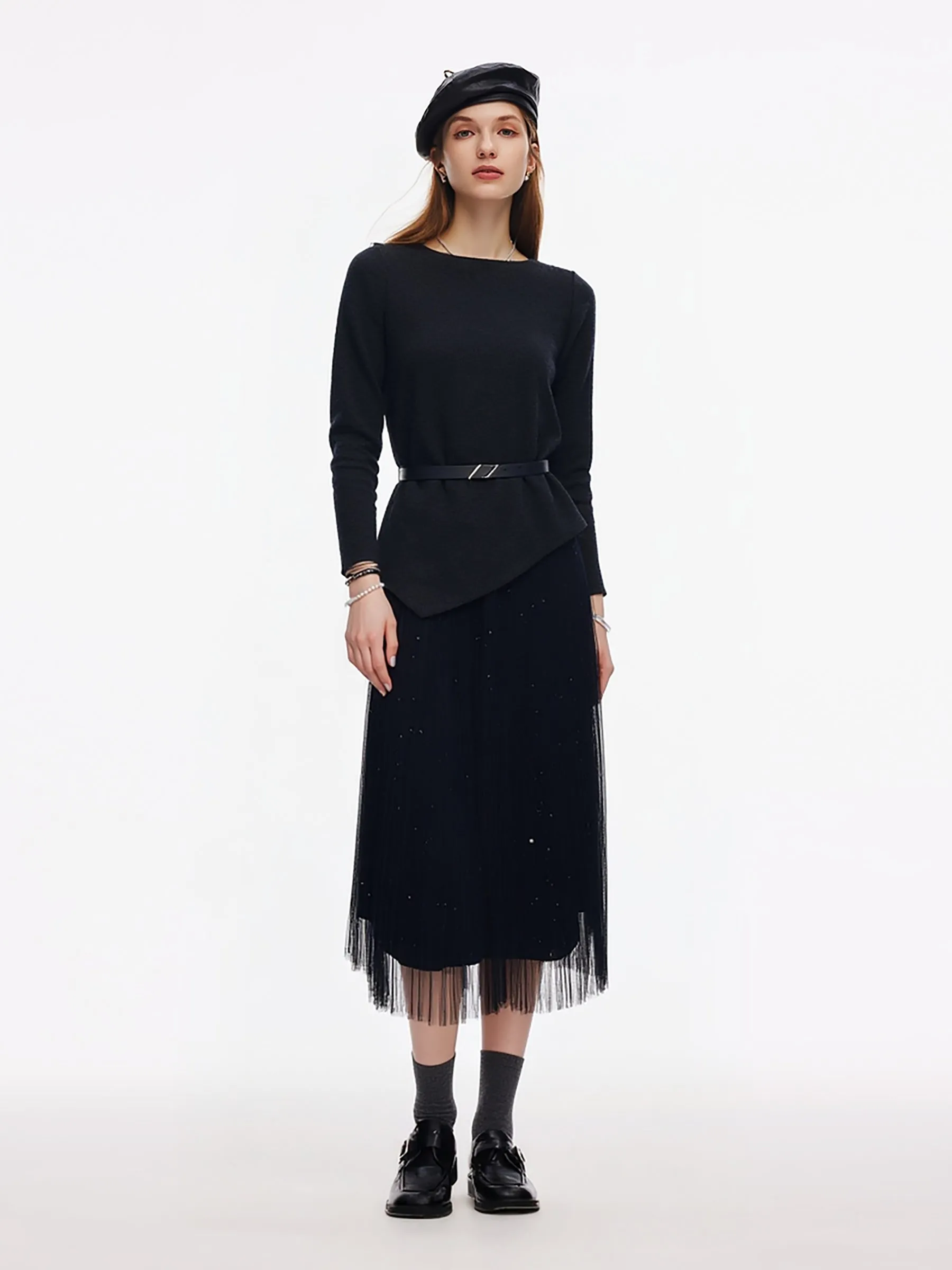 Asymmetrical Hem Top And Mesh Skirt Two-Piece Set With Belt sold by Goelia product image thumbnail 2