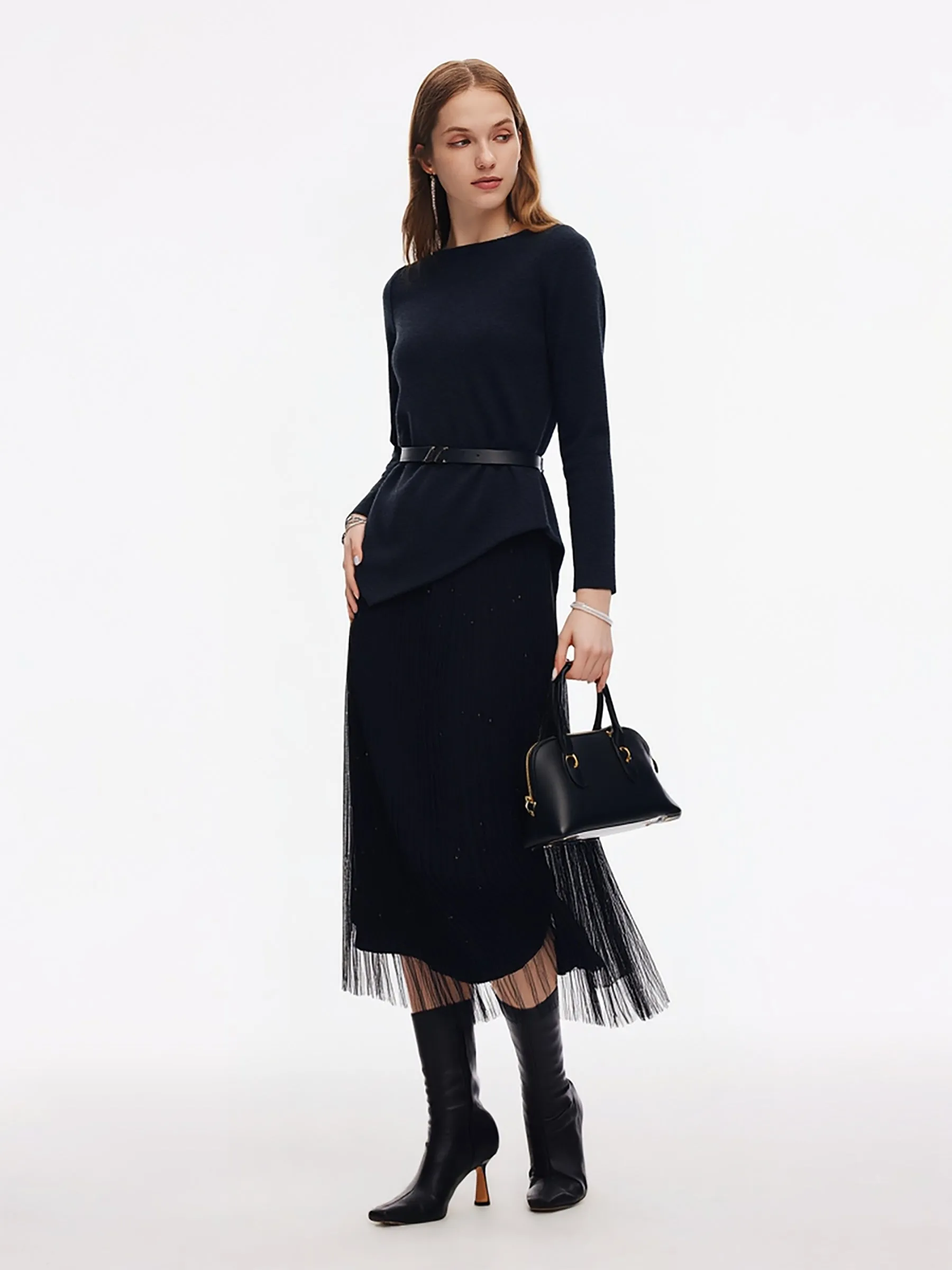 Asymmetrical Hem Top And Mesh Skirt Two-Piece Set With Belt sold by Goelia product image thumbnail 3