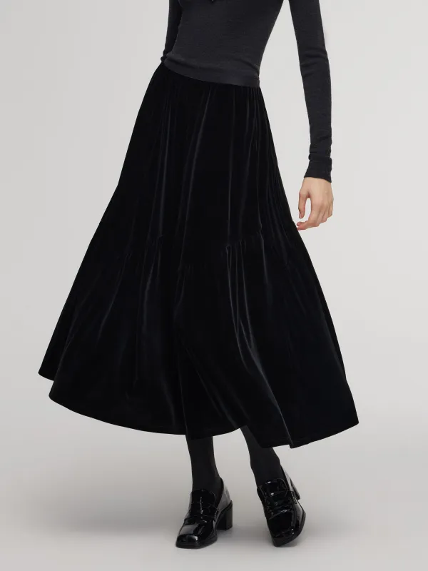 Pre-Order Black Velvet A-Line Elastic Waist Women Skirt sold by Goelia