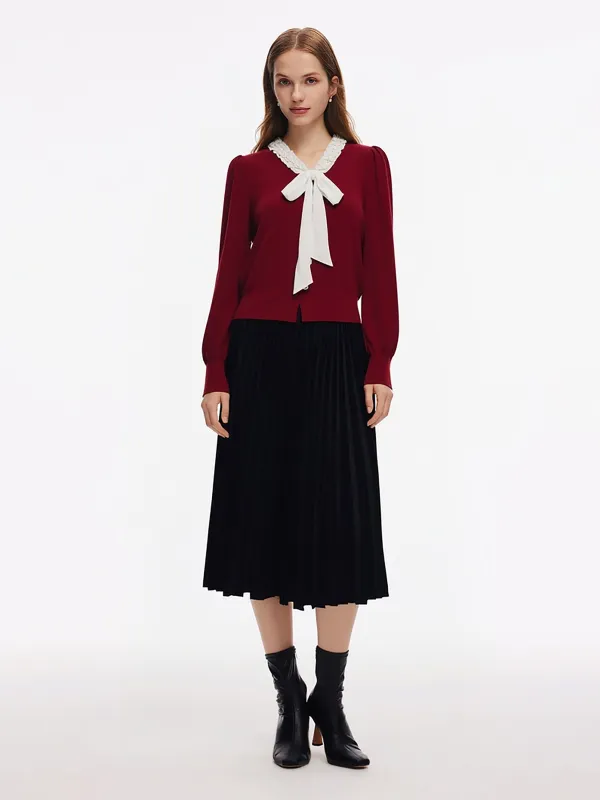 [Preview] Knit Top And Velvet Pleated Skirt Two-Piece Set With Ribbon sold by Goelia