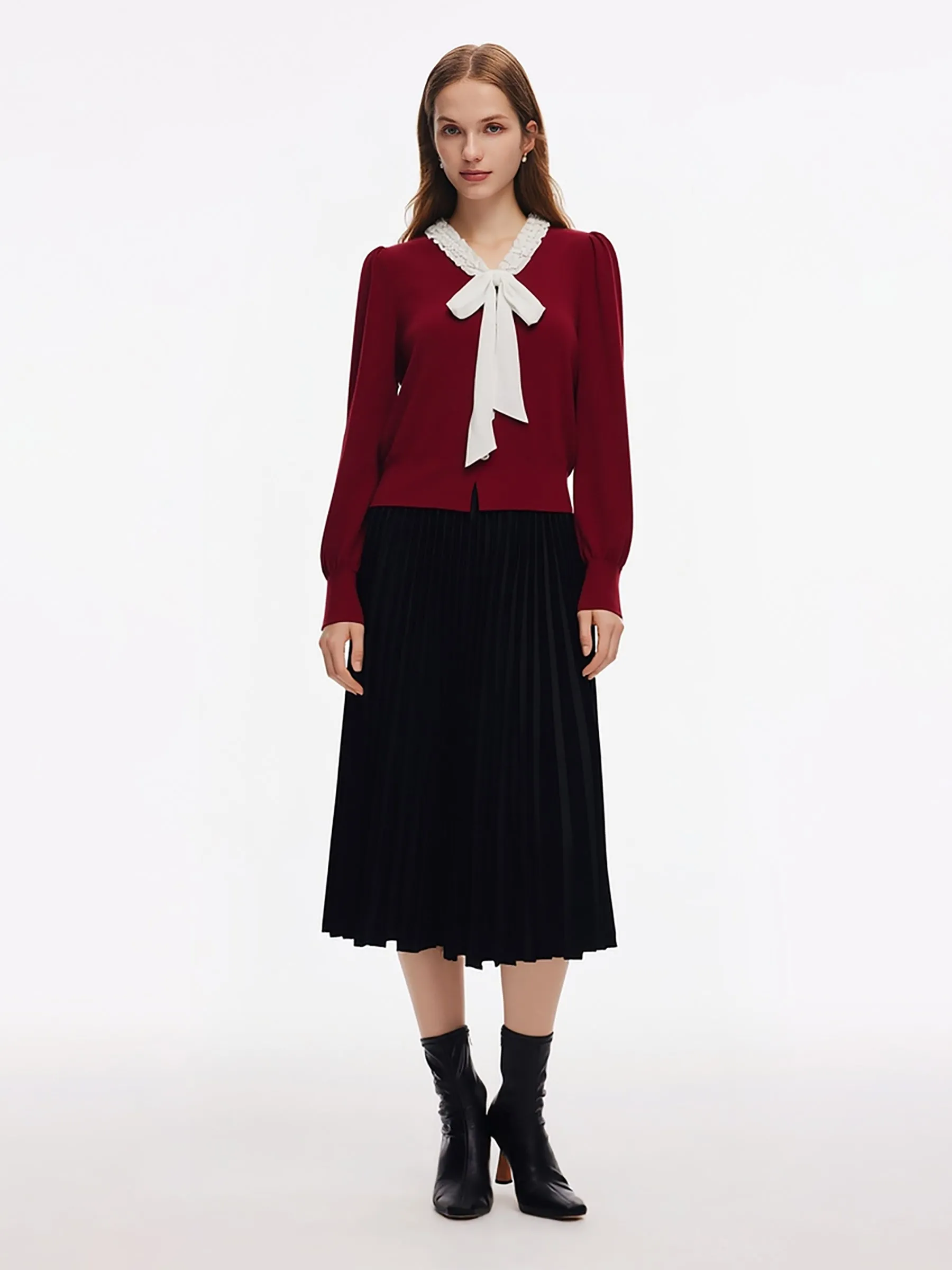 Knit Top And Velvet Pleated Skirt Two-Piece Set With Detachable Ribbon sold by Goelia