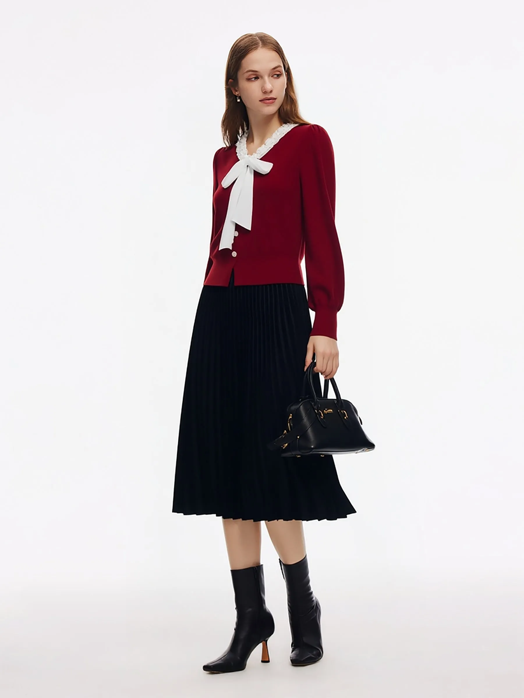 Knit Top And Velvet Pleated Skirt Two-Piece Set With Detachable Ribbon sold by Goelia product image thumbnail 4