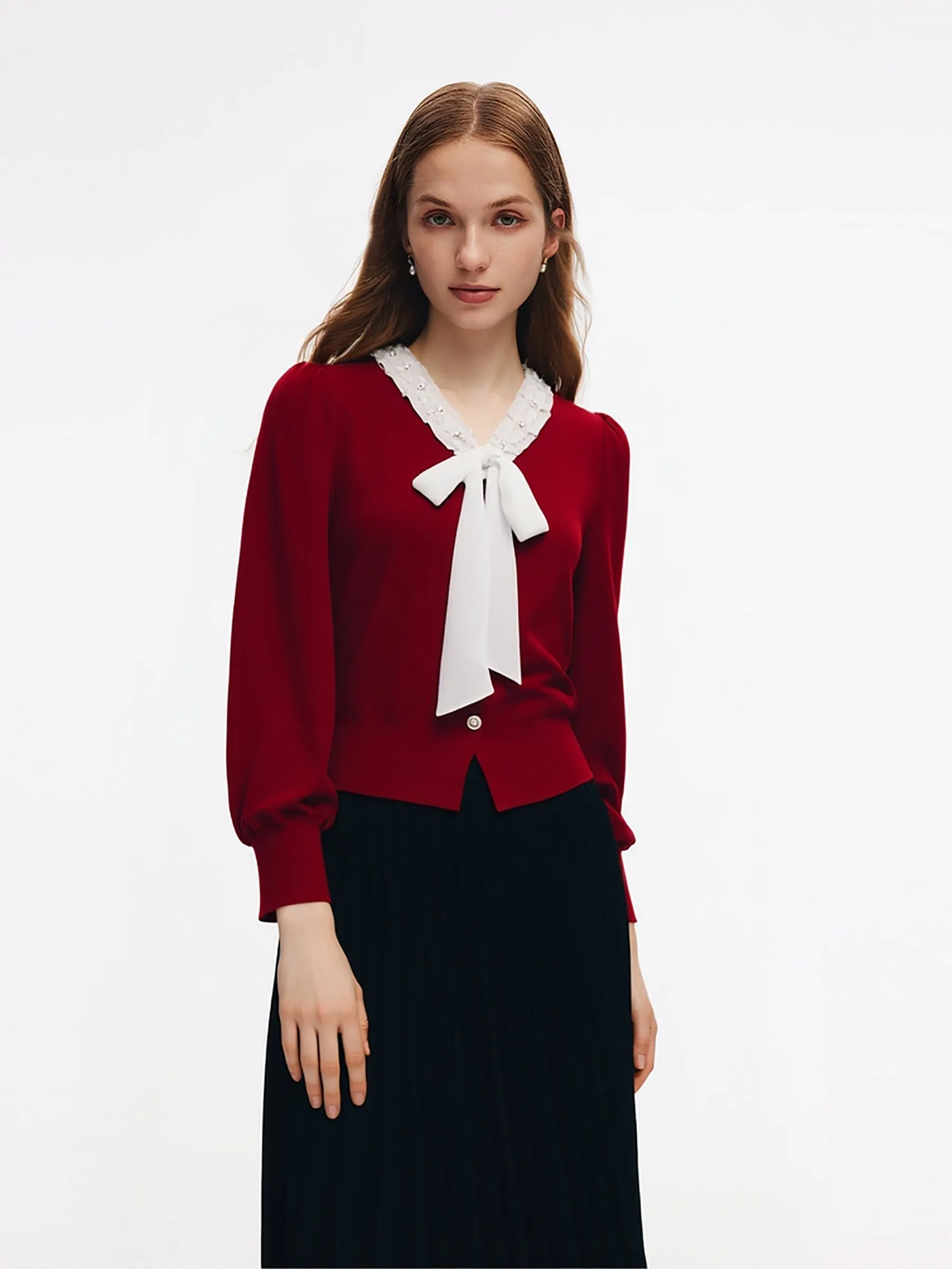 Knit Top And Velvet Pleated Skirt Two-Piece Set With Detachable Ribbon sold by Goelia product image thumbnail 2