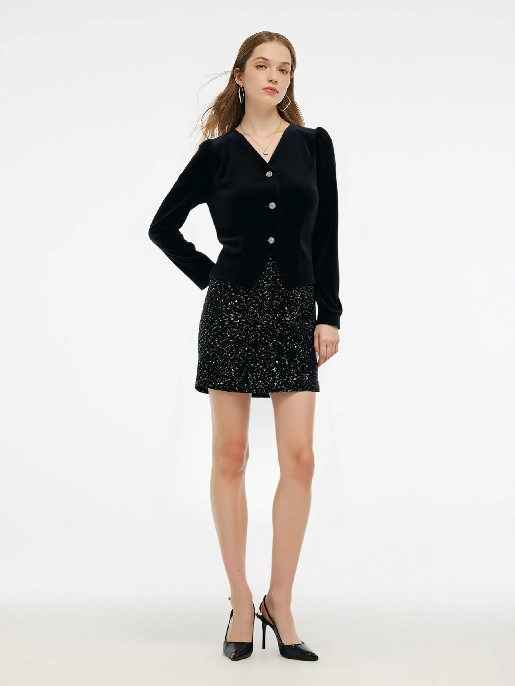 Velvet Puff Sleeve V-Neck Top And Sequins Skirt Two-Piece Set With Scrunchie sold by Goelia product image thumbnail 2