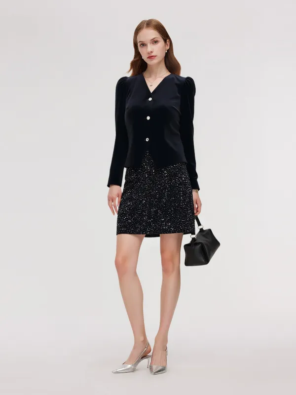 Velvet Puff Sleeve V-Neck Top And Sequins Skirt Two-Piece Set With Scrunchie made by Goelia