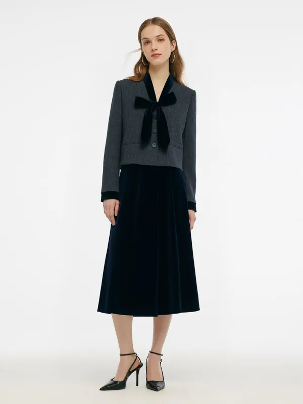 100% Washable Wool Jacket And Velvet Skirt Two-Piece Set With Ribbon sold by Goelia