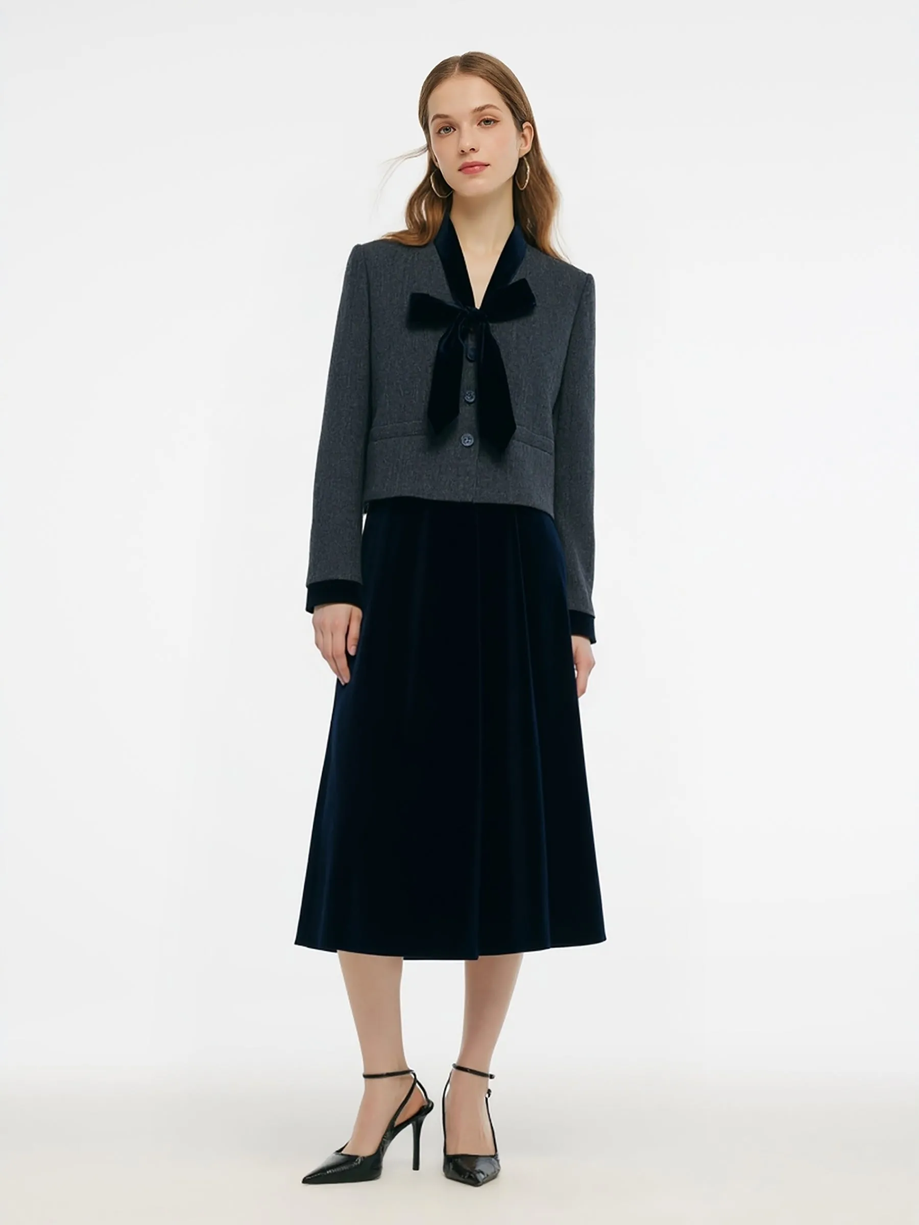 100% Washable Wool Jacket And Velvet Skirt Two-Piece Set With Ribbon sold by Goelia